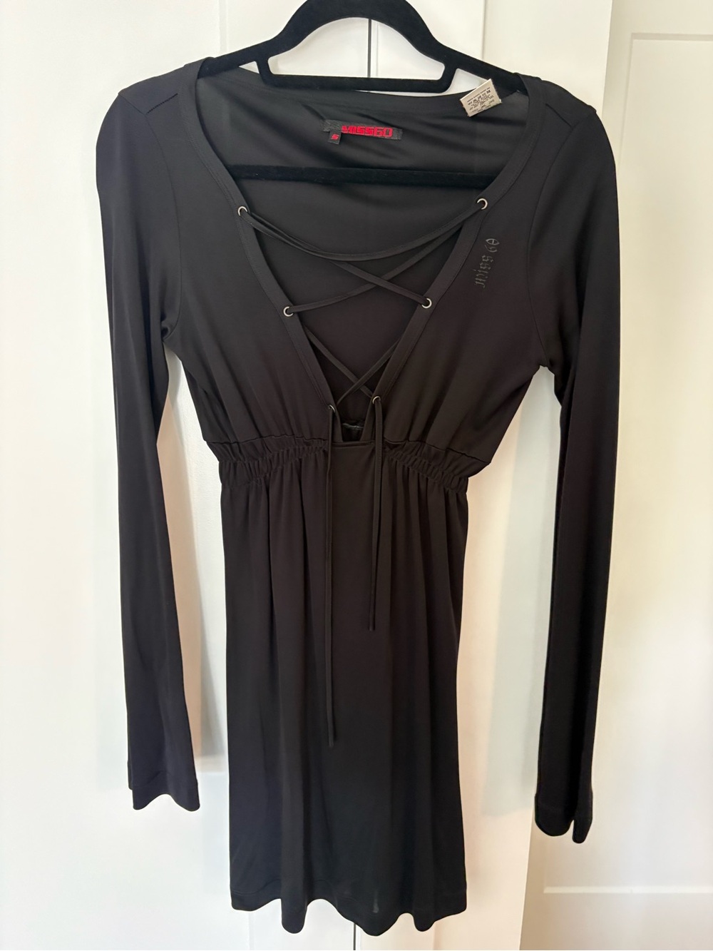 Miss Sixty Black Long-Sleeve Lace-Up V-Neck Dress